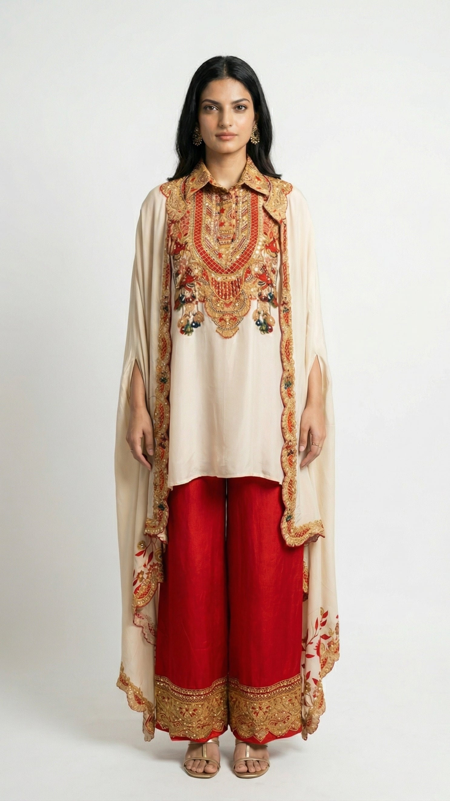 Beige & Red Digital Printed Crepe Coord Set with Cape Embellished with Pearl, Sequins & Sippi